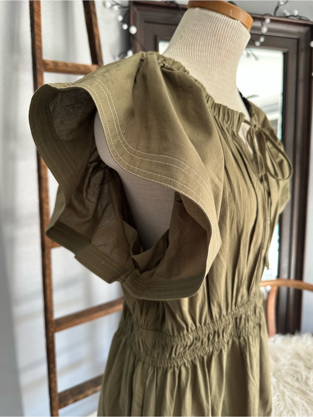 Joe's Jeans Olive Short Sleeve Gathered-Waist Midi Dress, size XL - Picture 6 of 17